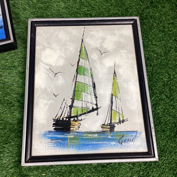 Vintage Mid Century Oil Painting Set Signed Sail Boats - Picture 11 of 16